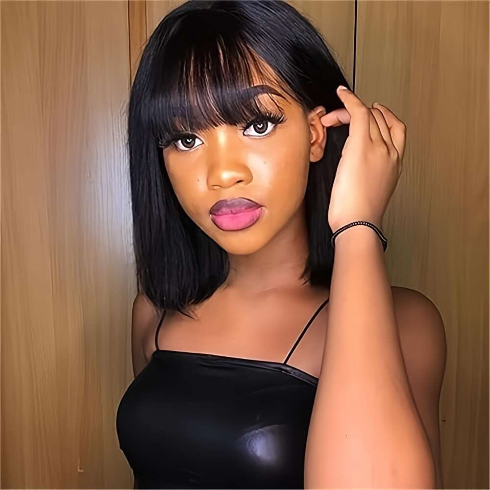 150% Density Straight Natural Scalp Raw Human Hair with Bangs - 2x1 HD Front, Vacation Style for Women of All Ethnicities, Everyday Chic Look Sleek Bo