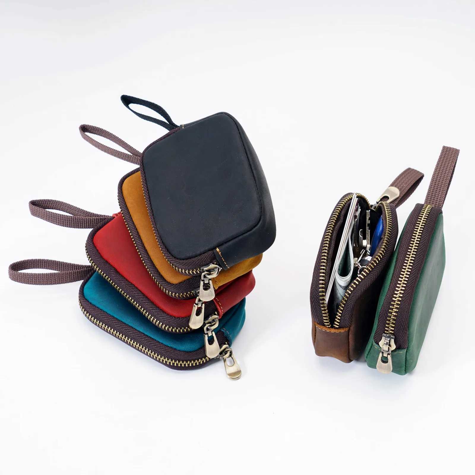 Genuine Leather Coins Purse with Keychain Mini Change Holder Cards Bag Zipper Closure Multifunctional Storage Bag for Men Women Z251023
