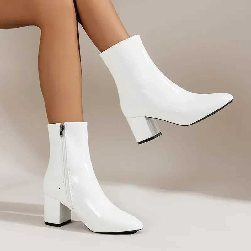 White Ankle Boots for Women Side Zipper Stretch Middle Heel Large Size Short Boot Fashion Pointed Shoes Botas De Mujer 2024 W251024