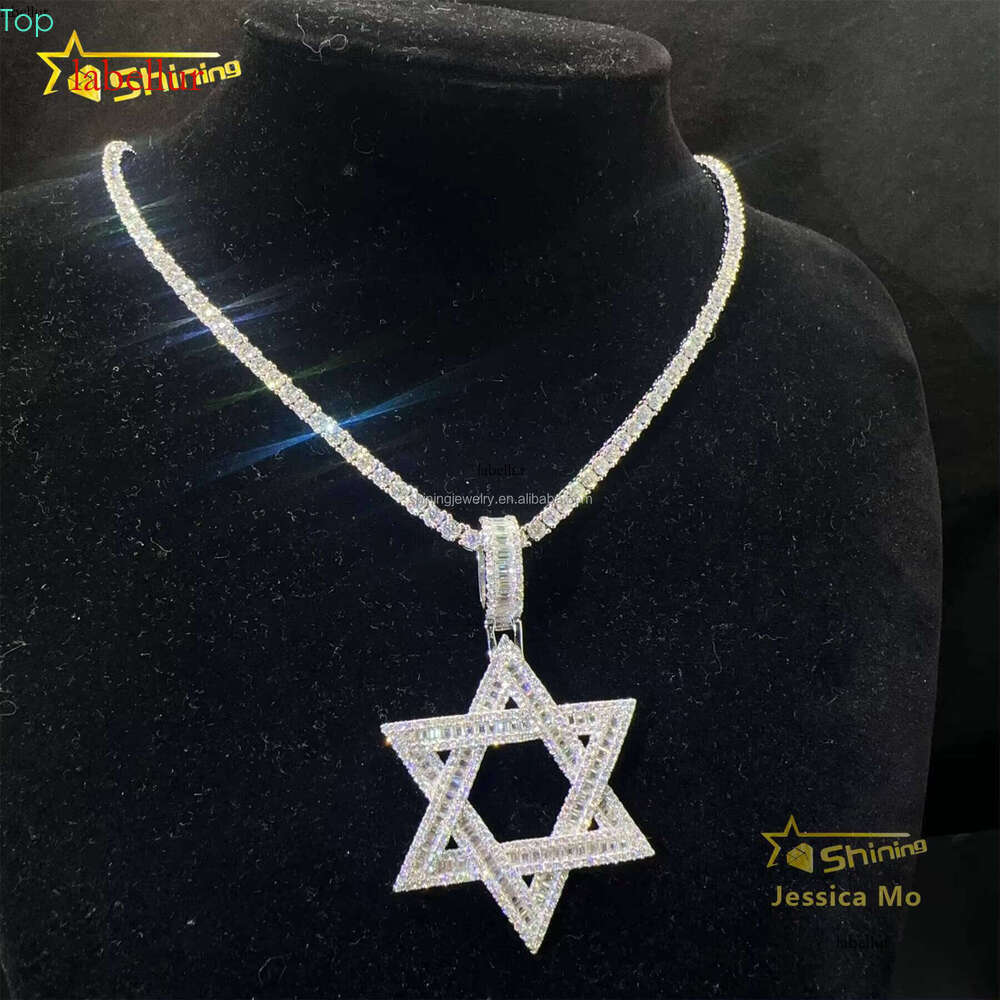Drop Shipping Hot Selling Iced Out Rapper Sier Vvs Baguette Moissanite Dia Hip Hop Star Pendant Necklace Set