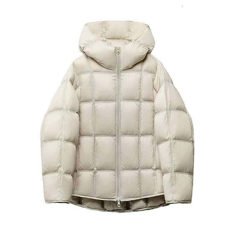 Women Light White Down Jacket With Hood Loose Over Size Casual Autumn Winter Outwear Square Warm Short Coat 2025 New Womens Coat