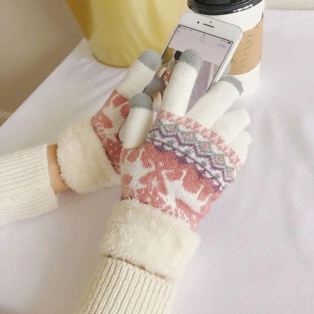 Christmas Women Warm Plush Gloves Reindeer Jacquard Touch Screen Knit Gloves Plush Cuff Warm Riding Skiing Outdoor Gloves 251023