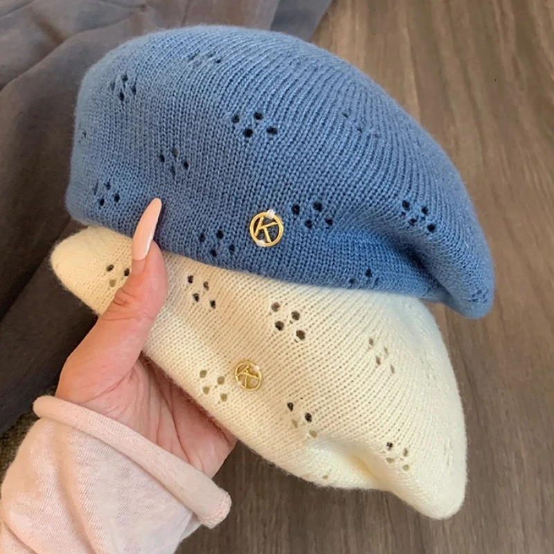 Japanese Retro Solid Color Knitted Berets Cap for Women Summer Autumn Thin Breathable Versatile Casual Literary Painter Hats 251023