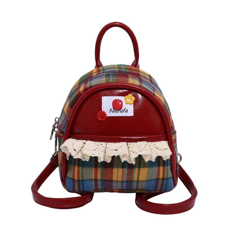 New designer women's bag English style checkered backpack cute lace color blocked girl parent-child PU small backpack
