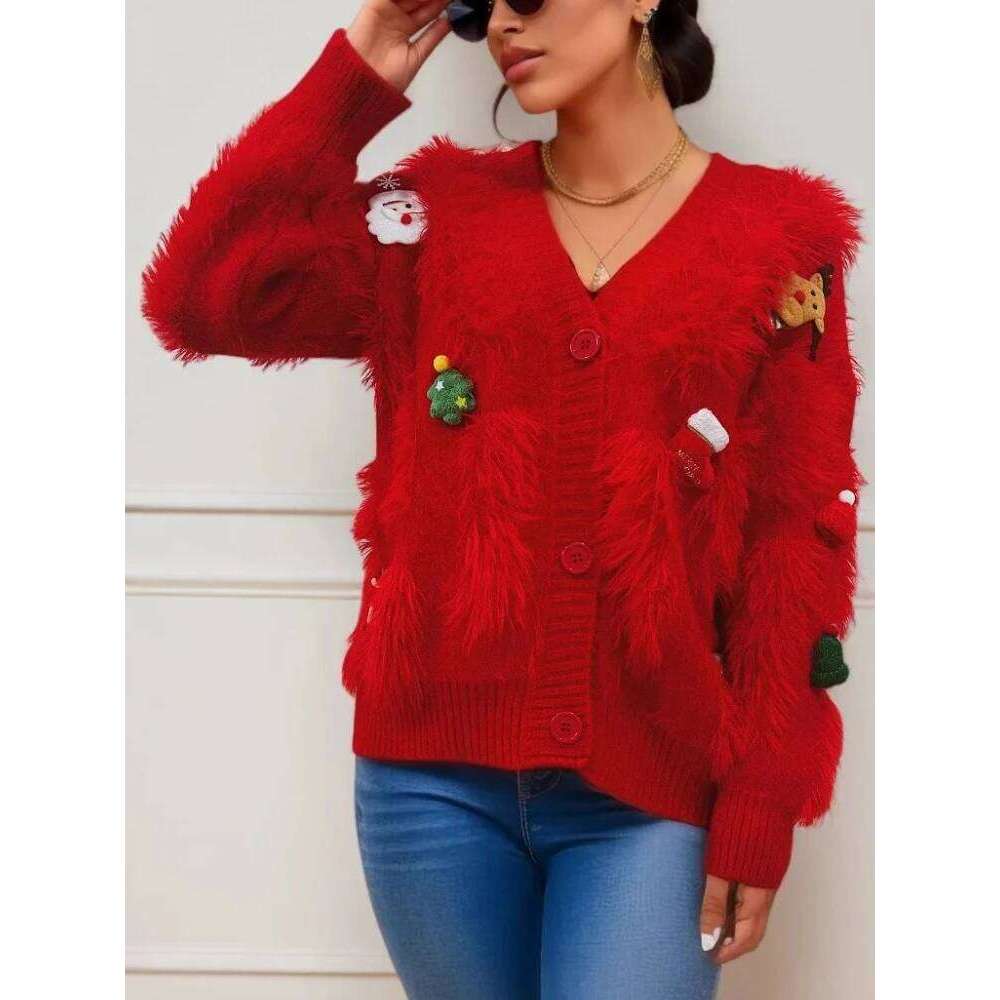 Autumn Winter New Christmas V-Neck Sweater Fashionable Elegant Loose Fitting Single Breasted Cardigan Jacket For Women