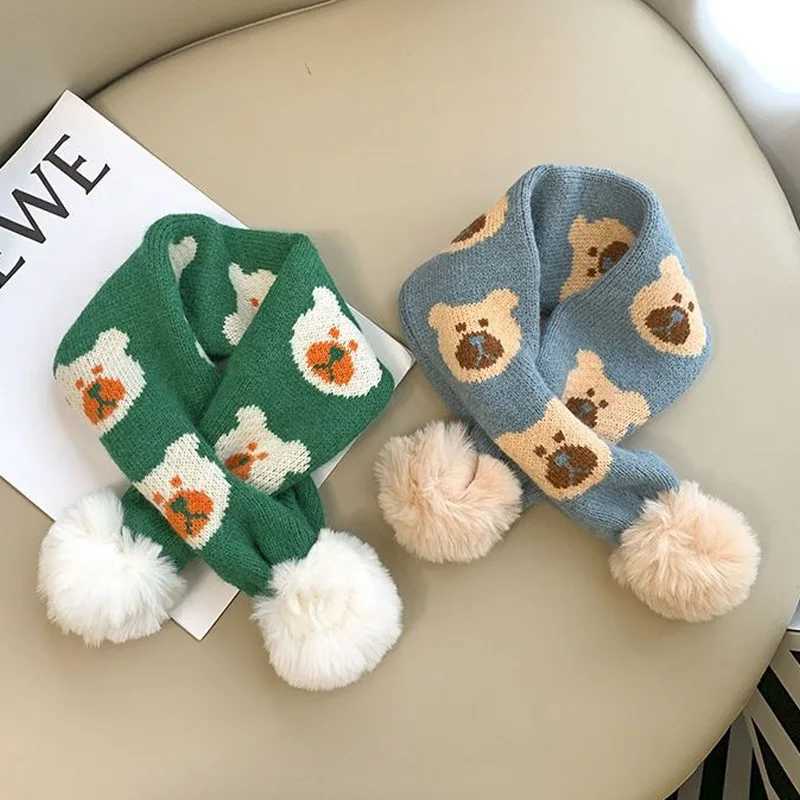 Cute Bear Baby Knitted Scarf Plush Ball Kids Cross Scarves Thicken Woolen Children Neckerchief 26Year Boys Girls Neck Collar Y251024