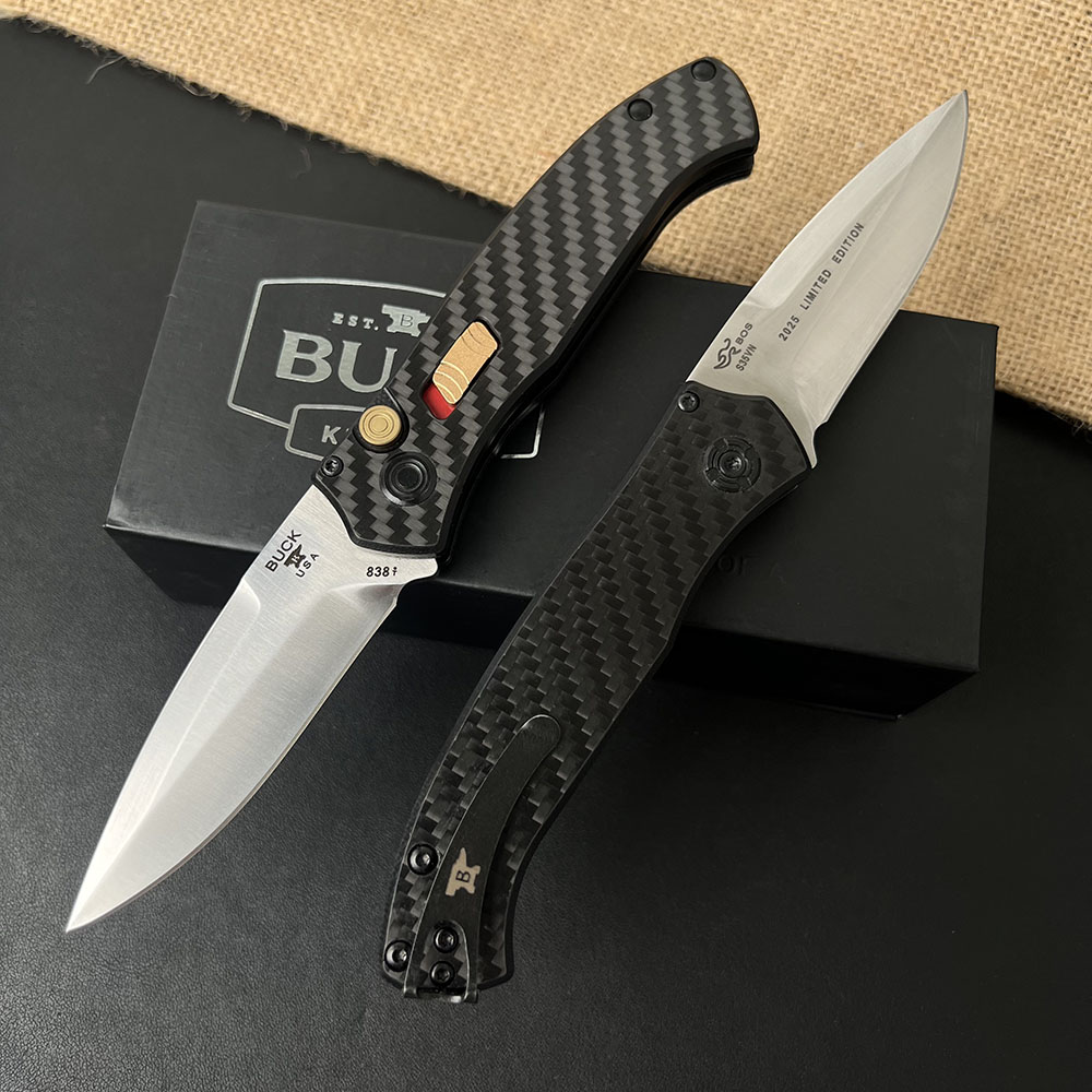 BK838 Folding Knife 3.15" S35VN Blade, Carbon Fiber Handles, Leather Sheath