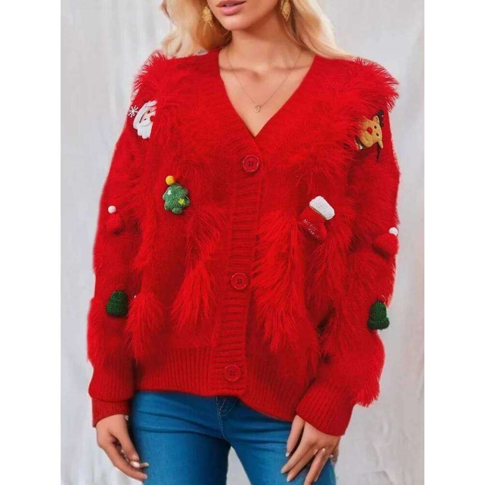 Autumn Winter New Christmas V-Neck Sweater Fashionable Elegant Loose Fitting Single Breasted Cardigan Jacket For Women