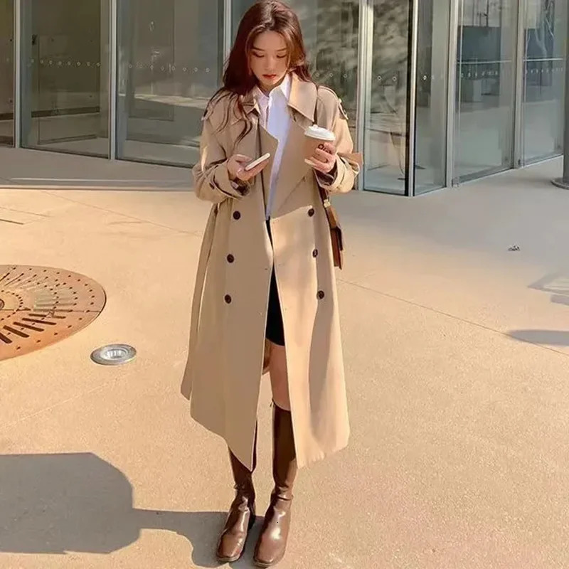 Streetwear Loose Trench Coat Midi Length Fashion Korean Elegant Khaki Black Womens Windbreaker Casual Double Breasted Tops 251021