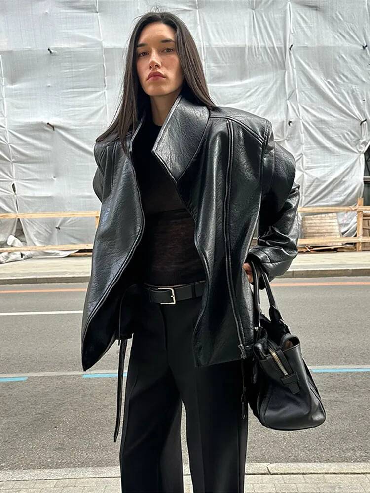 Black PU Leather Jacket Motorcycle Lapel Long Sleeve Zipper Lace Up Casual Coat Top for Autumn High Streetwear 2025 dongdumaoyi