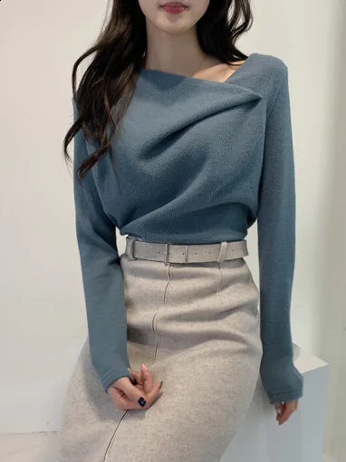 Ele Autumn Winter Knitted Long Sve Sweater Asymmetrical White Enhancing Chic Womens Faion Commute Sle 251020