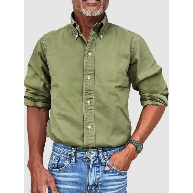 American Retro Anti-Wrinkle, Durable Autumn Winter New Men's Business Casual Urban Versatile Shirt Turn-Down Collar Button Solid Color Shirt for 