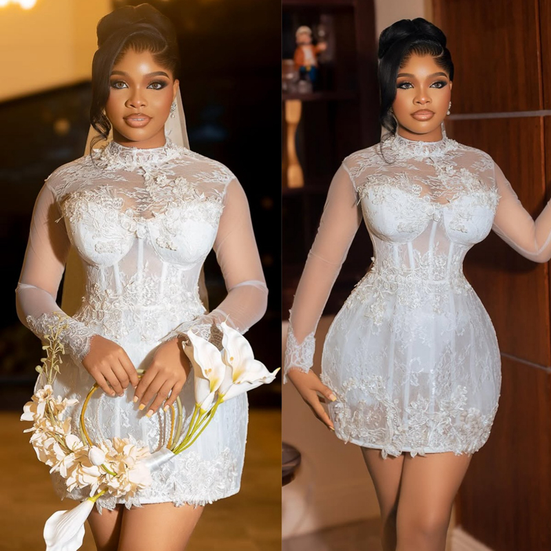 2025 Aso Ebi African Short Wedding Dress Bridal Gowns For Bride Mermaid High Neck Illusion Appliqued Beaded Lace Wedding Gowns For Black Women D716