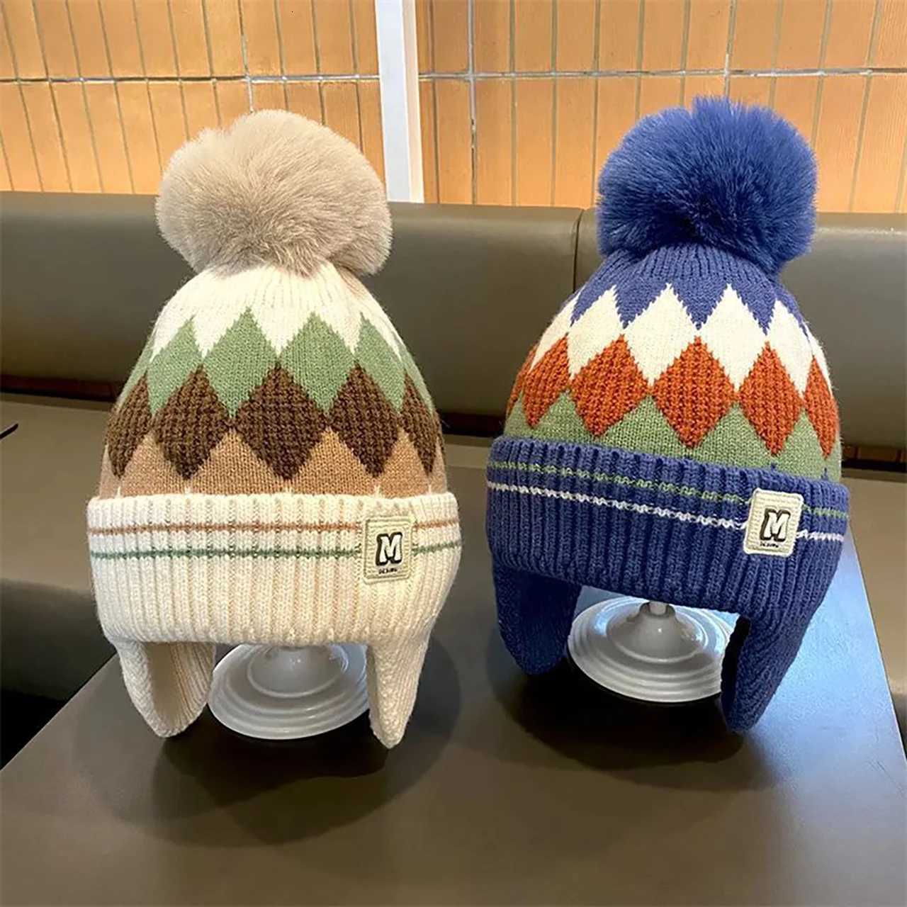 Fluffy Plush Ball Children Knit Hat Winter Warm Kids Ear Protection Hats Velvet Lining Baby Earmuffs Cap Pompom Beanie 210YearL251024