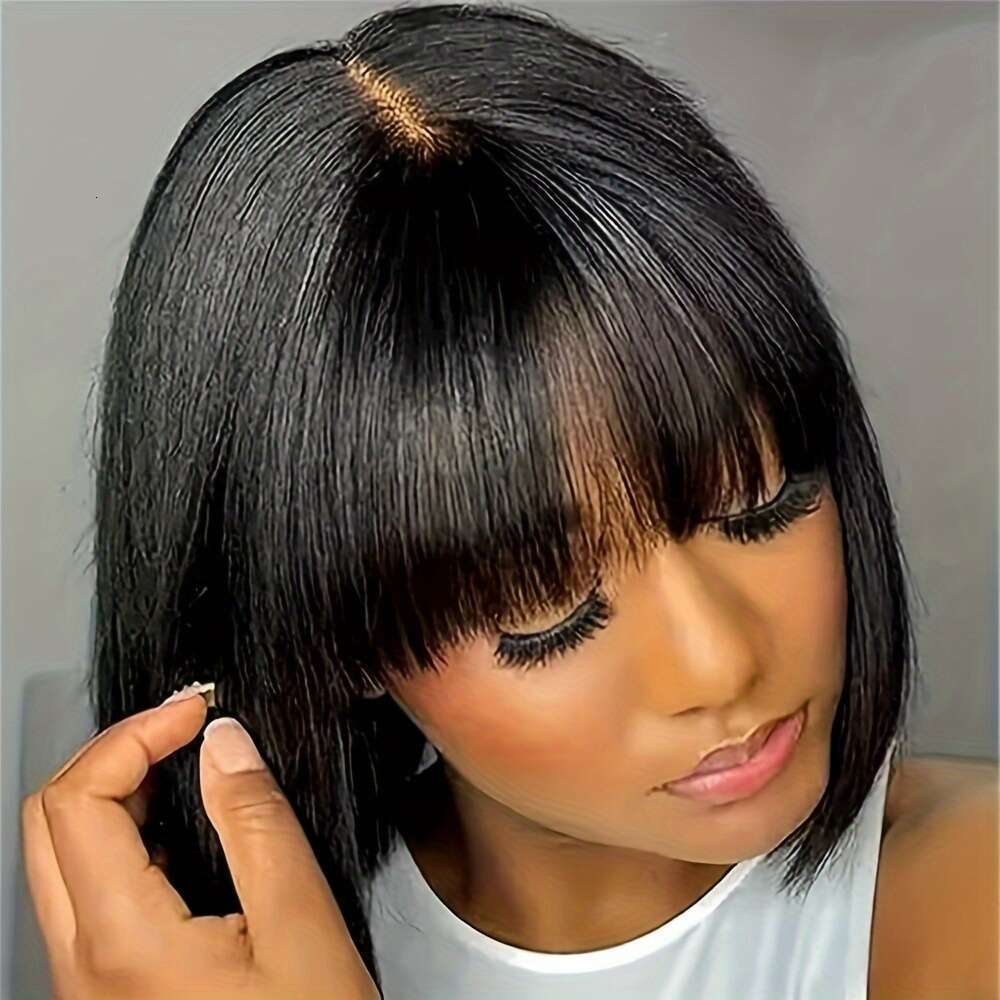 150% Density Straight Natural Scalp Raw Human Hair with Bangs - 2x1 HD Front, Vacation Style for Women of All Ethnicities, Everyday Chic Look Sleek Bo