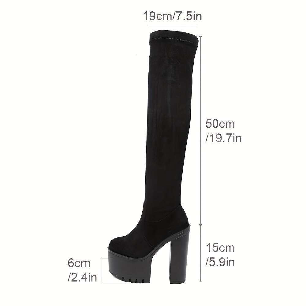 Black Block Heeled Boots, Round Toe Slip On Platform Shoes, Women's Fashion Solid Color Boots