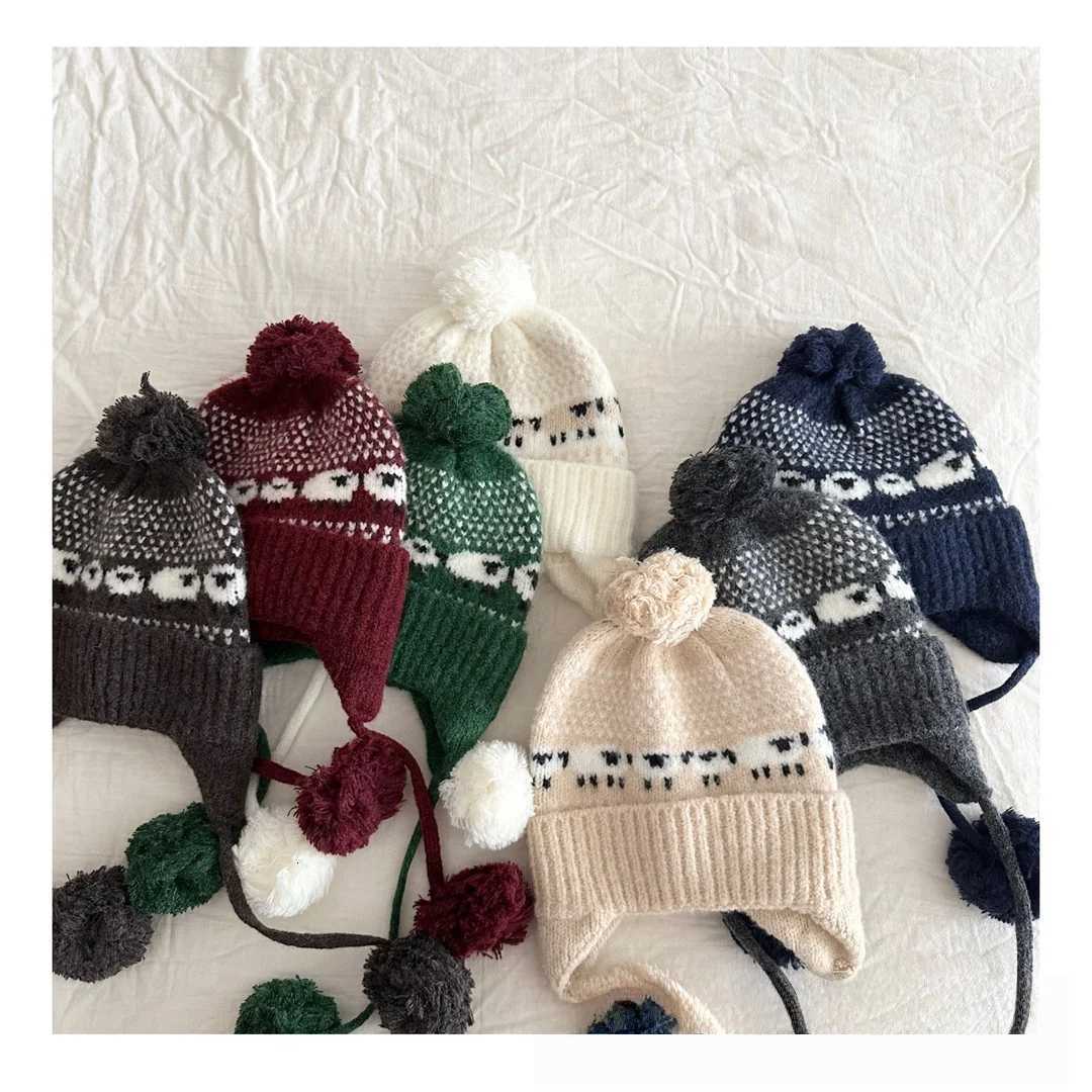 Kids Knit Baby Hat Winter Beanie with Earflaps Pom Poms Warm Autumn Winter Childrens Knitted HeadwearL251024
