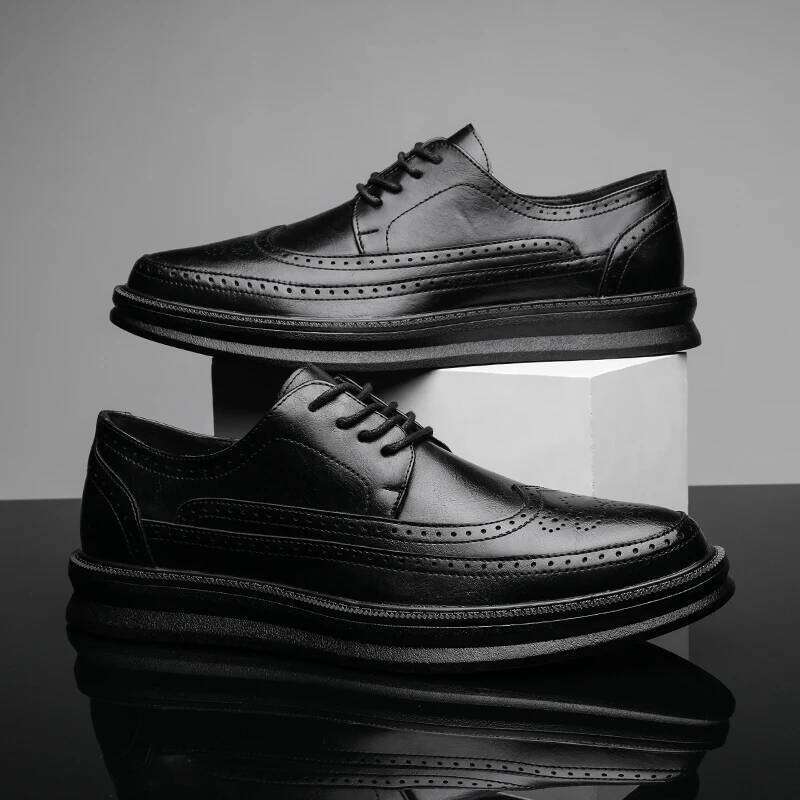 Fashion Derby Leather Men White Brogue Lace Up Solid Simple Dress Business Casual Party Wedding Flat Shoes For Man