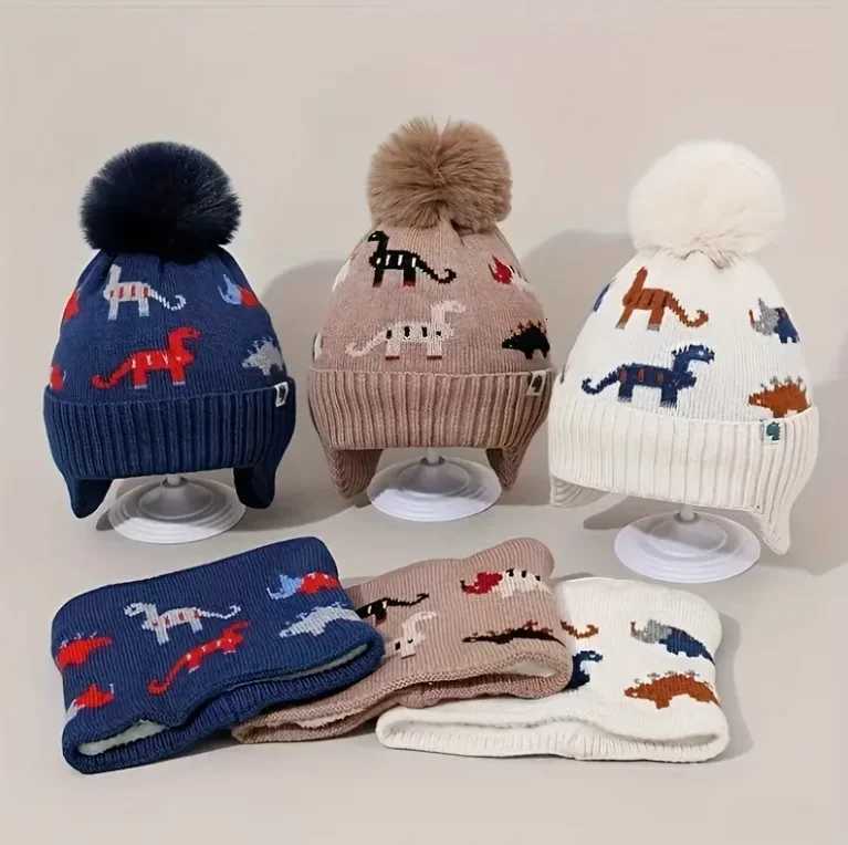 2pcs Winter Kids Dinosaur Hat and Scarf Set 2pcs FleeceLined Warm Cartoon Cute Thickened Hat and Scarf 2pcs for OutdoorL251024