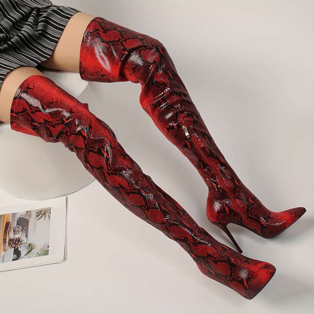 Mei Oi Women's Snake-Print Pointed Toe Stiletto Over-The-Knee Boots - Ultra-High Platform Heel, Stretch Synthetic Cover With Zipper Closure, All-