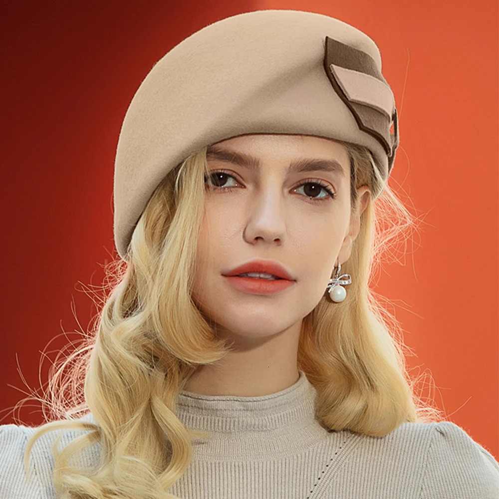 FS Black Beige Beret Cap With Bowknot Vintage Women Pillbox Hat High Quality Wool Fedoras Tea Party Dress Fascinators Hats 251023