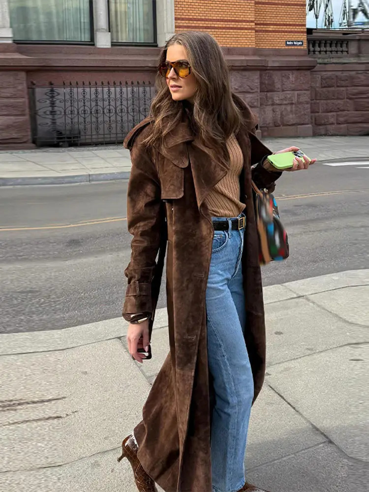 Vintage Brown Suede Jacket for Women Double Breasted Turndown Collar Outerwear with Belt Autumn Casual Office Lady Coats 251021