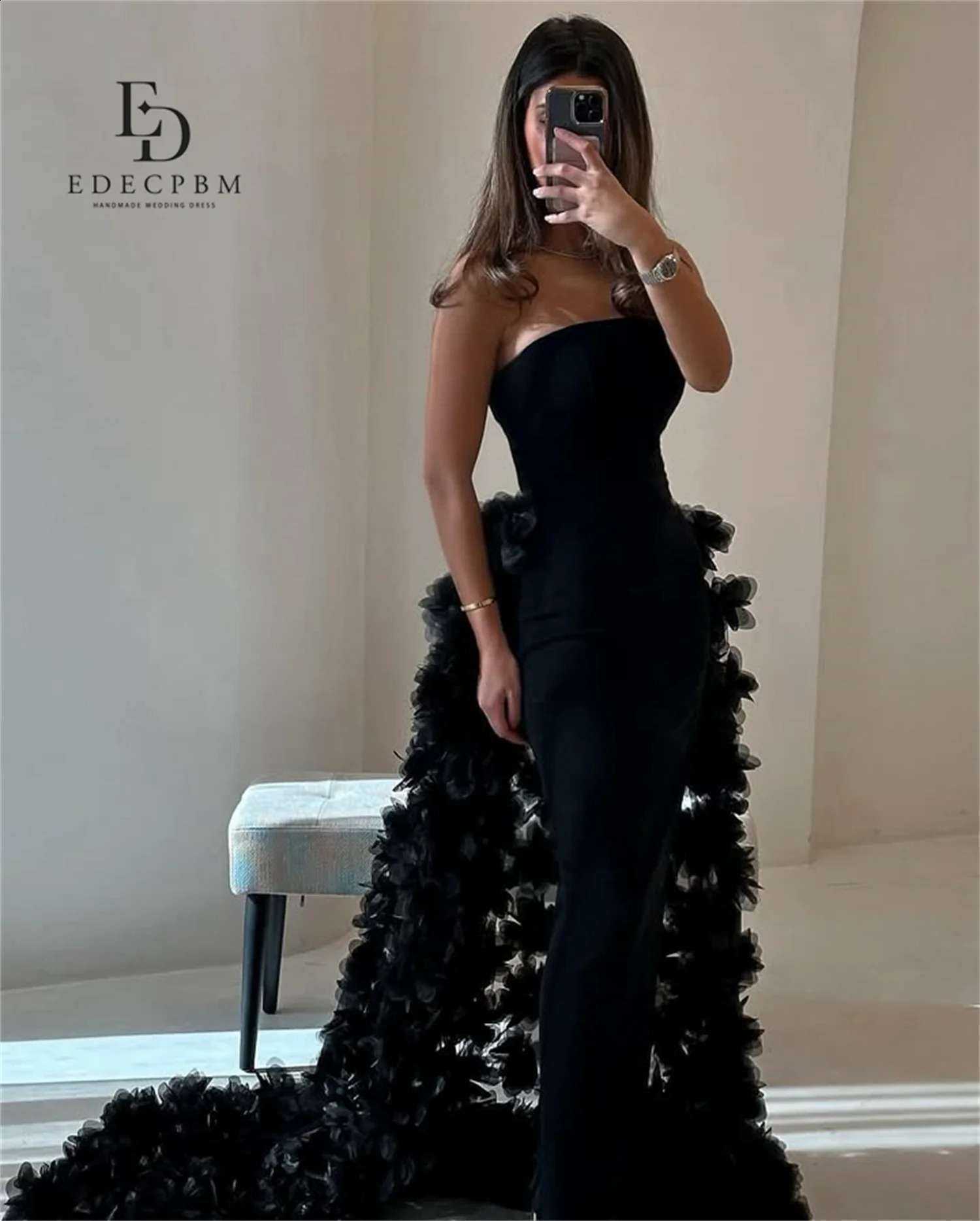 EDECPBM Saudi African Mermaid Dress Women Party Black 3D Flowers Tail Dress With Feathers Customized Evening Wedding Prom Events 251020