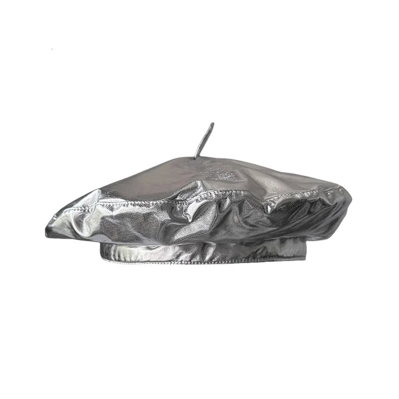 Autumn Winter PU Leather Silver Hat Style Beret for Women Retro Elegant Versatile Painter Cap Fashion Flying Saucer Cap 251023