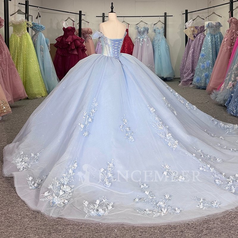 Sky Blue Quinceanera Dresses Ball Gown Off The Shoulder Applique Flower Beading Crystal Corset Tull Party Birthday Sweet 16 Dress Vestidos 15 De Anos