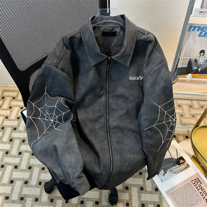 Europe United States high Street Spider Embroidery PU Leather Jacket Mens Wash to do Fashion Trend Coat 251016