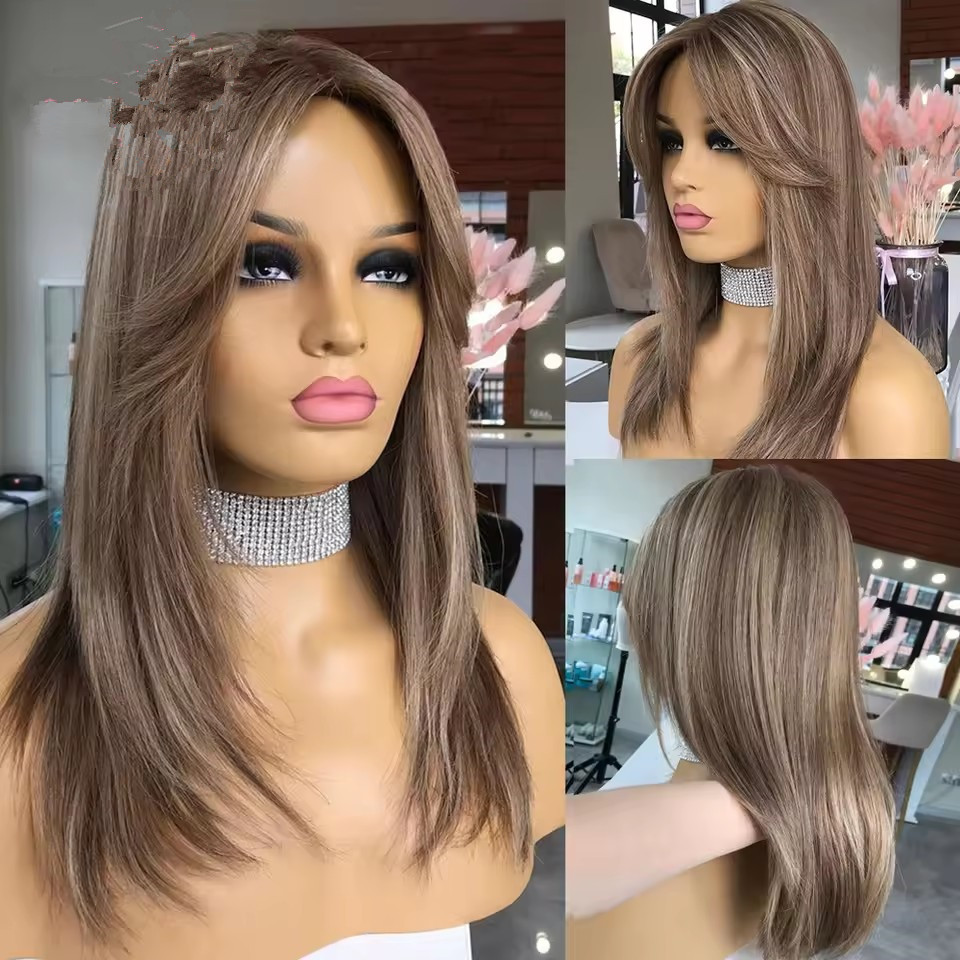 Ash Brown balayaged ombre layered Bob Wig with fluffy bang fringe Lace Front Human Hair Wigs 360 HD Lace Frontal Wig