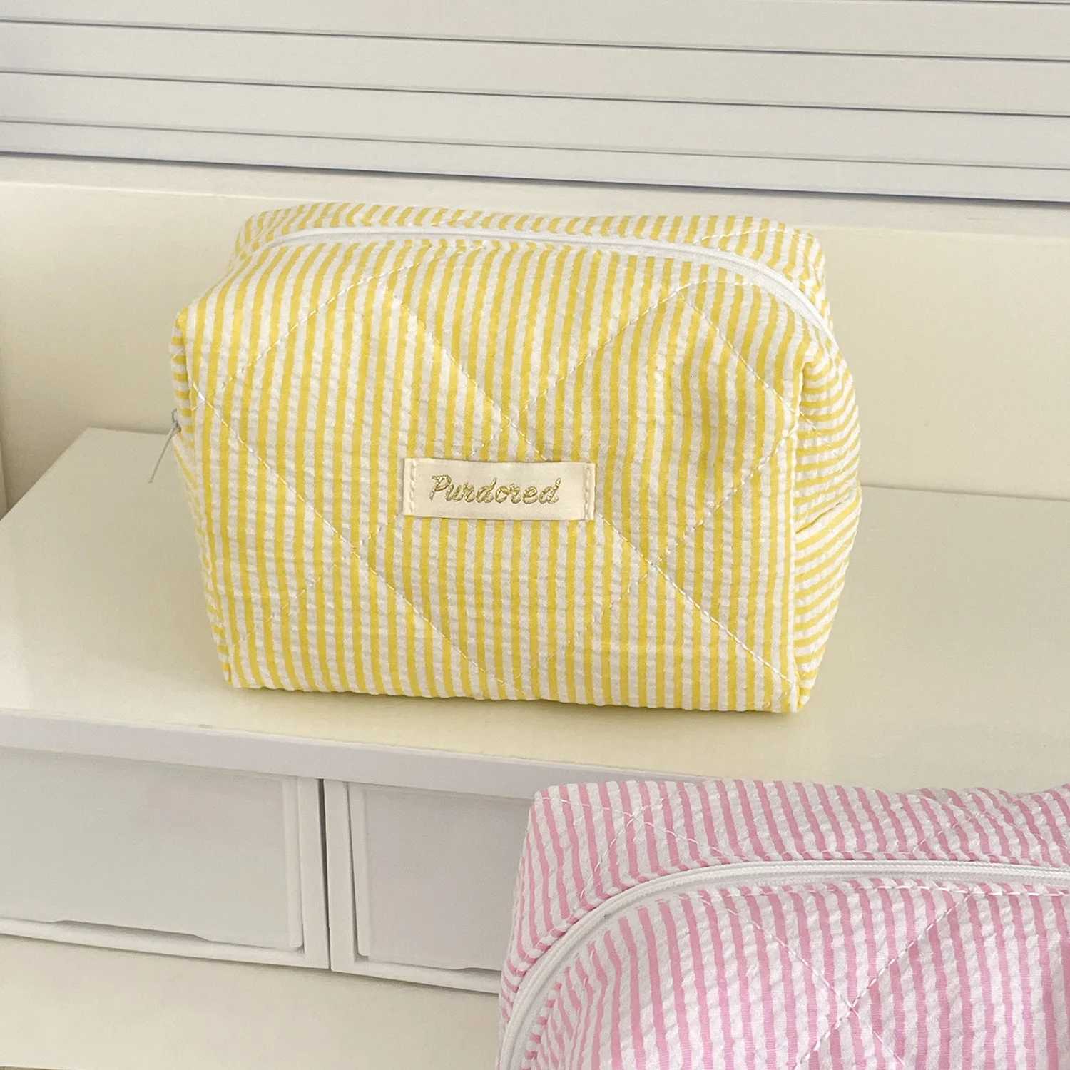 Candy Color Stripe Womens Storage Bags Casual Female Cosmetic Bag High Capacity Cute Female Pencil Case Makeup Bag HandbagsT251024