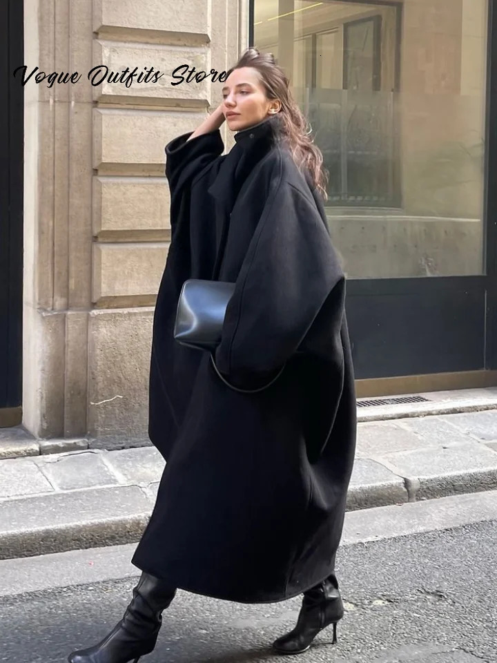 Chic Stand Collar Long Woolen Coat Women Puff Sleeve Single Breasted Loose Warm Overcoat Autumn Winter Lady Outwear 251021
