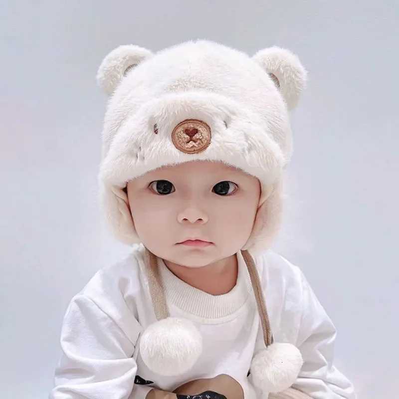 Cute Winter Warm Kids Girl Boys Baby Hats Fleece Wool Hemming Caps with Ball Solid Wool Ear Protection Hats Soft Newborn BonnetL251024