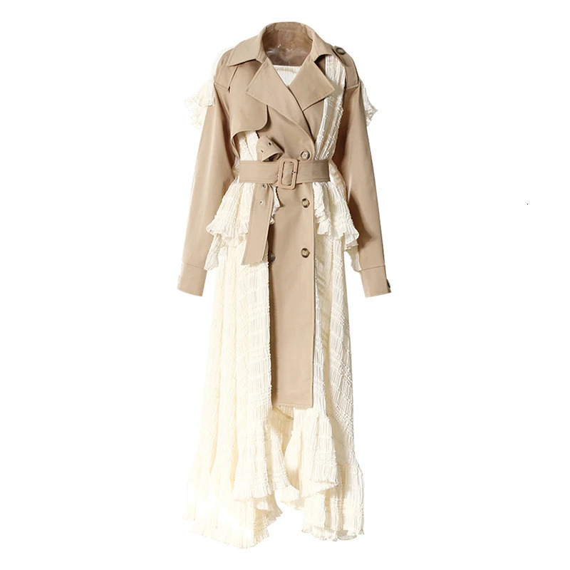 DEAT Fashion Lace Patchwork Trench Coat Womens Lapel Loose Double Breasted Sashes Xlong Windbreaker Spring 251021