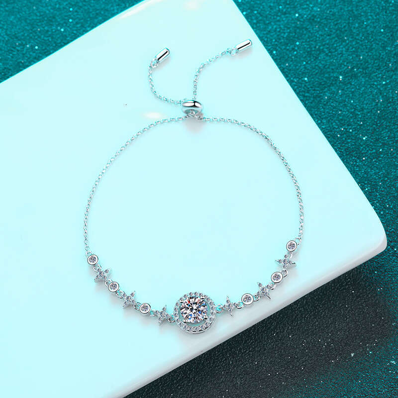 DHCollections-- S Pure Sier Round for Women Classic Bubble Plated PT950 Gold One Moissanite Bracelet Straight
