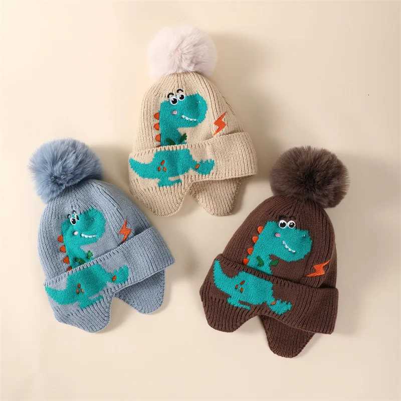 Cute Dinosaur Baby Knitted Hat Winter Warm Kids Earmuffs Cap 28year Boys Girls Woolen Crochet Bonnet Cartoon Children BeaniesL251024