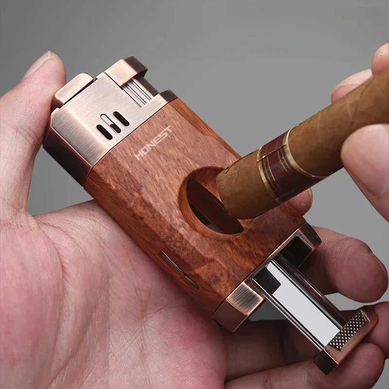 New HONEST Outdoor Windproof Gas Lighter Powerful Torch Double Blue Flame Jet Cigar Lighter With Cigar Holder And Cigar Cutter D251024