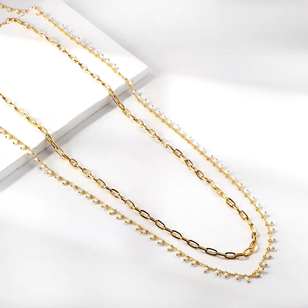 LUXUSTEEL Bohemian White Beads Belly Chains for Women Waist Stainless Steel Gold Plated Double Thin Chain Y2K Body Jewelry 251023