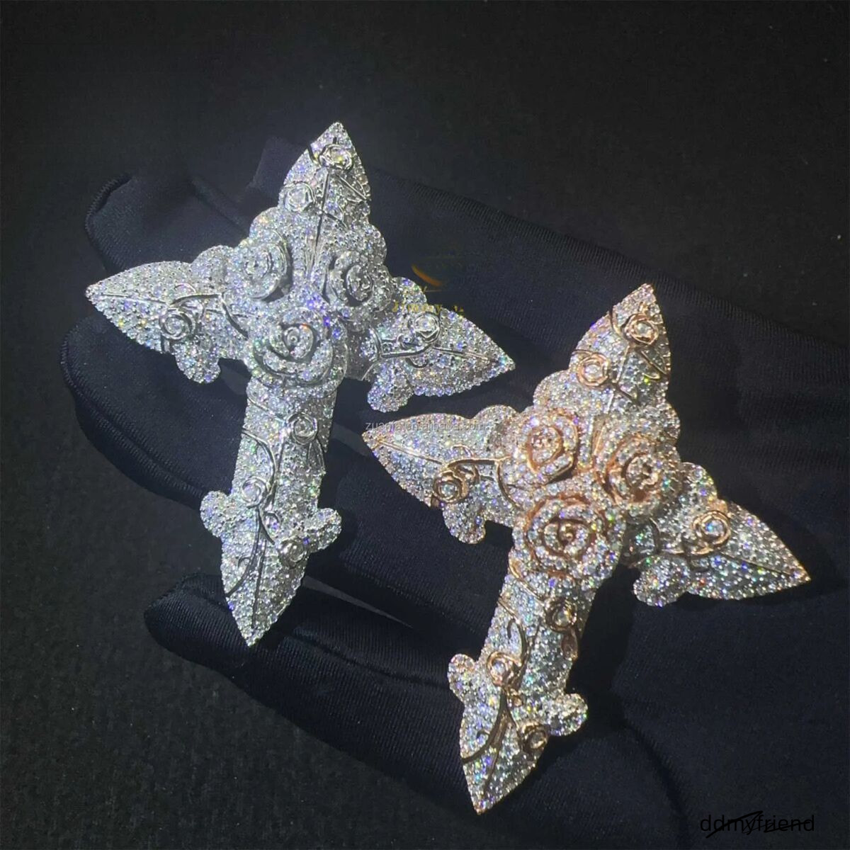 In Stock Fashion Man Jewelry Gold Color Hip Hop S Vvs1 Moissanite Dia Rose Flower Cross Pendant Necklace Set Ddmyfriend