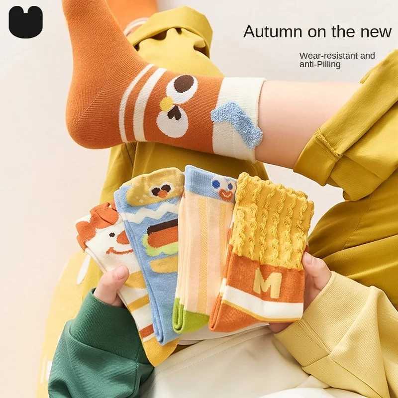 5Pairs Girls Sweet MidCalf Socks Spring Autumn Style Boys Breathable Cute Winter Socks with Fries Pattern Design for Kids J251024