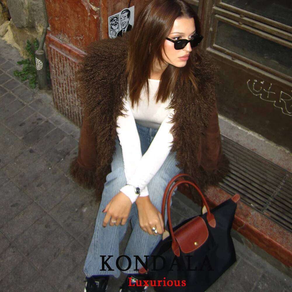 Vintage Chic Brown Faux Fur Jackets Long Sleeve V Neck Pockets Loose Fashion 2025 Autumn Winter Thick Warm Coats