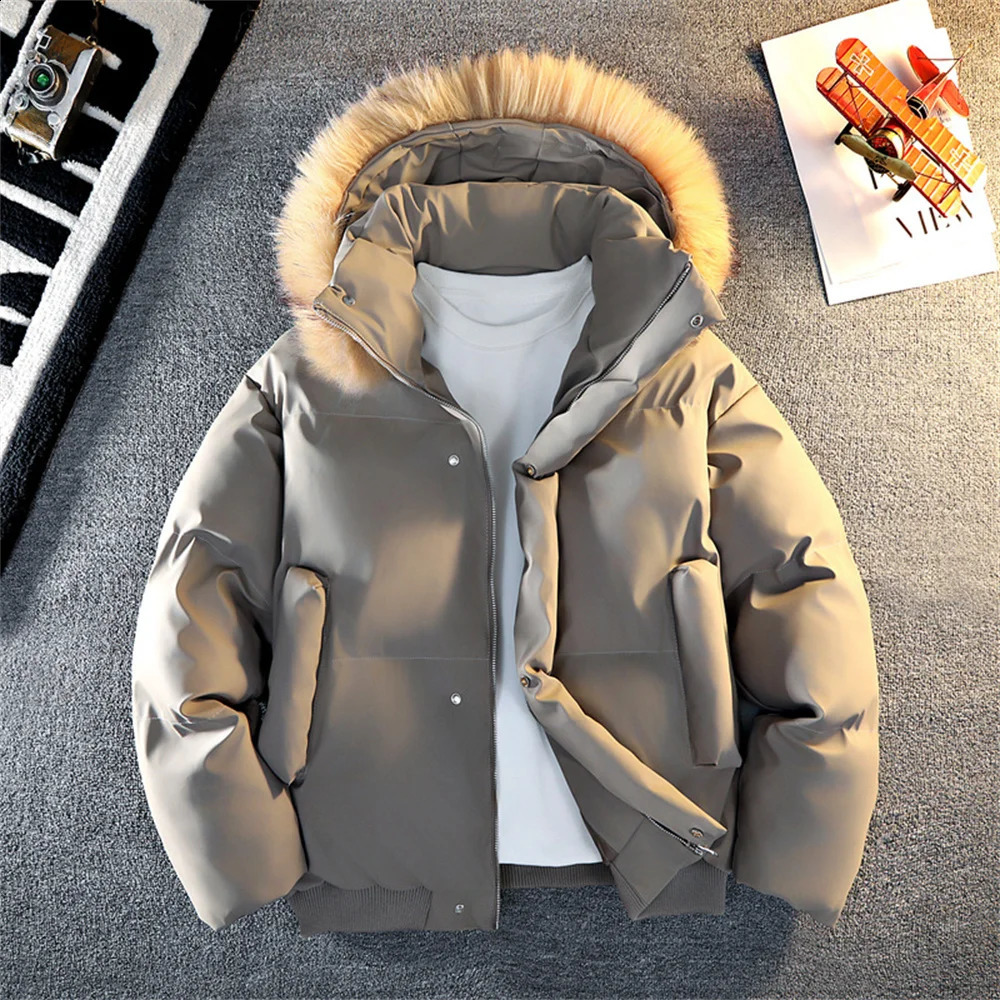 Mens Fur Collar Soft Leather Parkas Winter Down Puffer Overcoat Men Windproof Padded Coat Streetwear Mens Outdoor Parka Jacket 251020