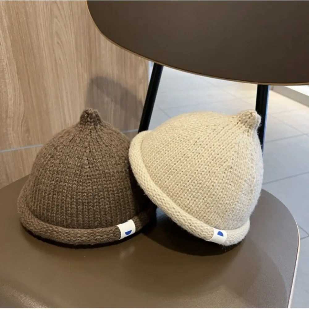Cute Solid Color Autumn Winter Childrens Cap Warm Soft Brimless Hat Knitted Melon Cap for 15Y BabyL251024