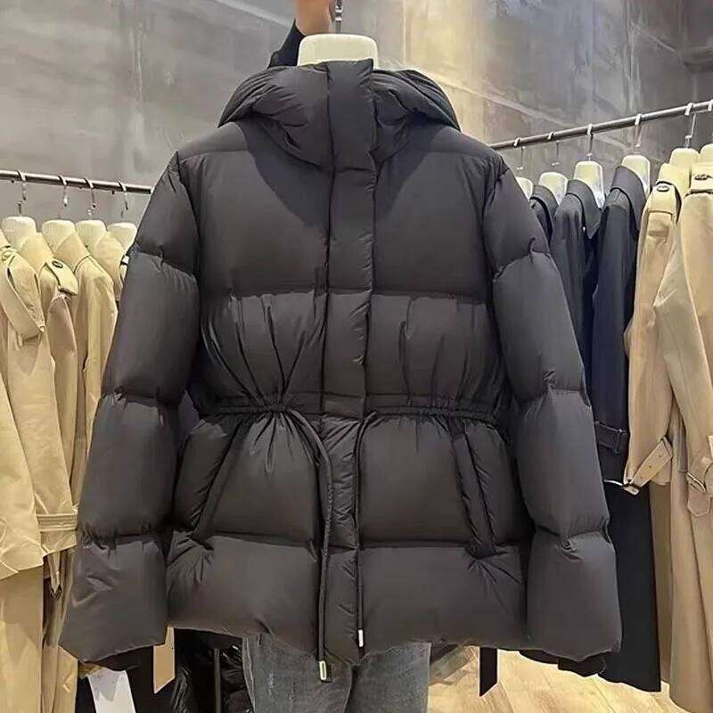 Fashion Cotton-Padded Jacket Women Autumn Winternew Down Coat Female Parkas Hooded Drawstring Waist Thick Warm Overwear Lady Top Womens Coat