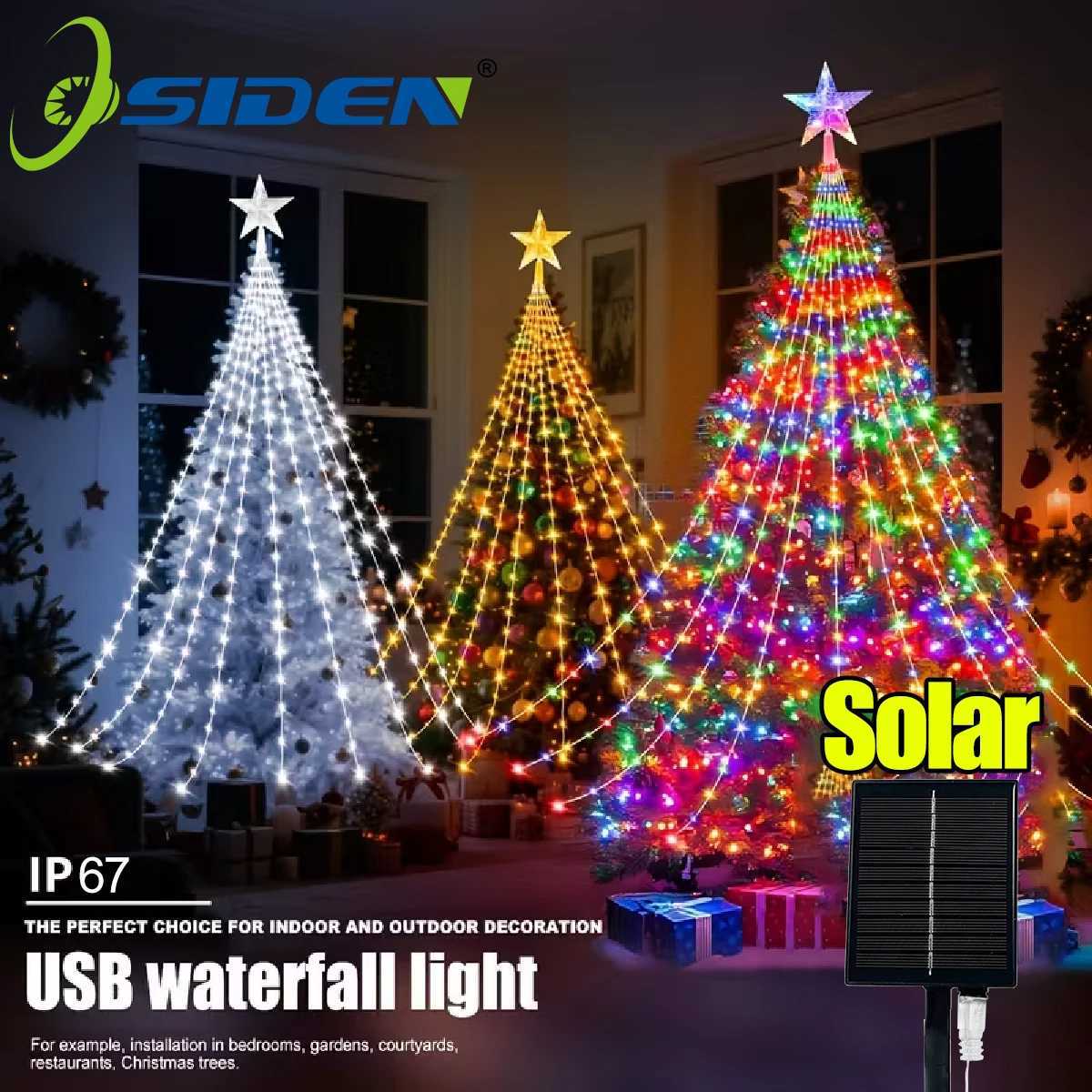 1PC Fivepointed Star Waterfall Lights USBSolar Powered Christmas String Lights for Christmas Party Halloween Home Decor C251024