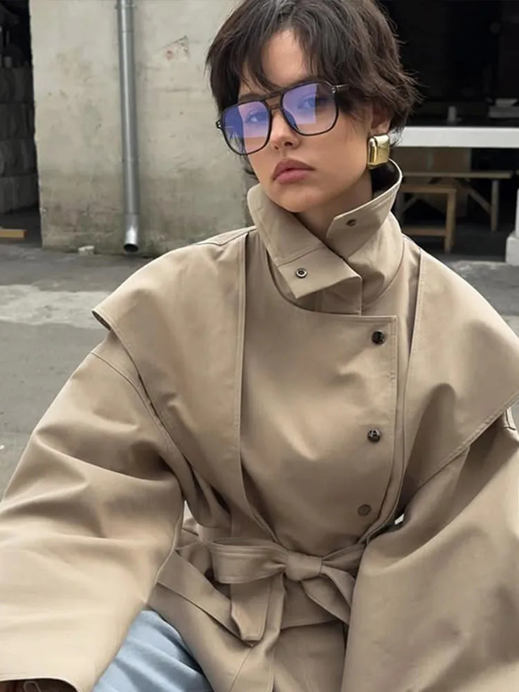 Women Waist Cinching Windbreaker Fashion Solid High Neck Buttons Long Sleeve Singlebreasted Coats Lady Street Jacket 251021