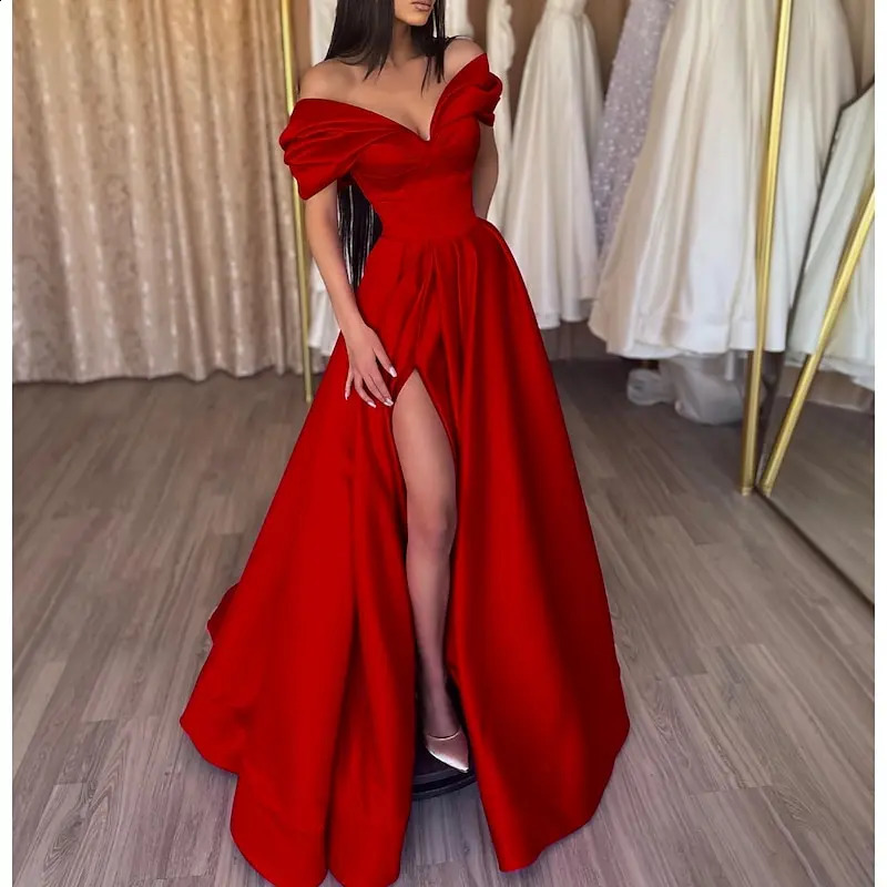 RFYR Elegant Pleats Prom Gown Satin Side Slit Evening Dress Off Shoulder Party Prom Dress For Women robes de soire Customized 251023