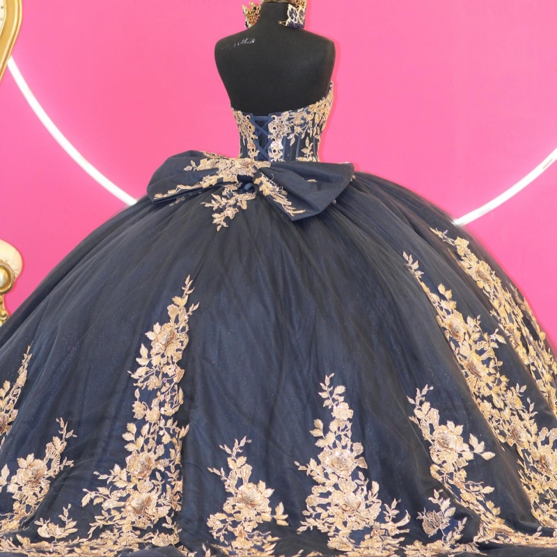 Black Quinceanera Dresses Ball Gown Off The Shoulder Applique Flower Beads Bow Corset Tull Party Birthday Sweet 16 Dress Vestidos 15 De Anos