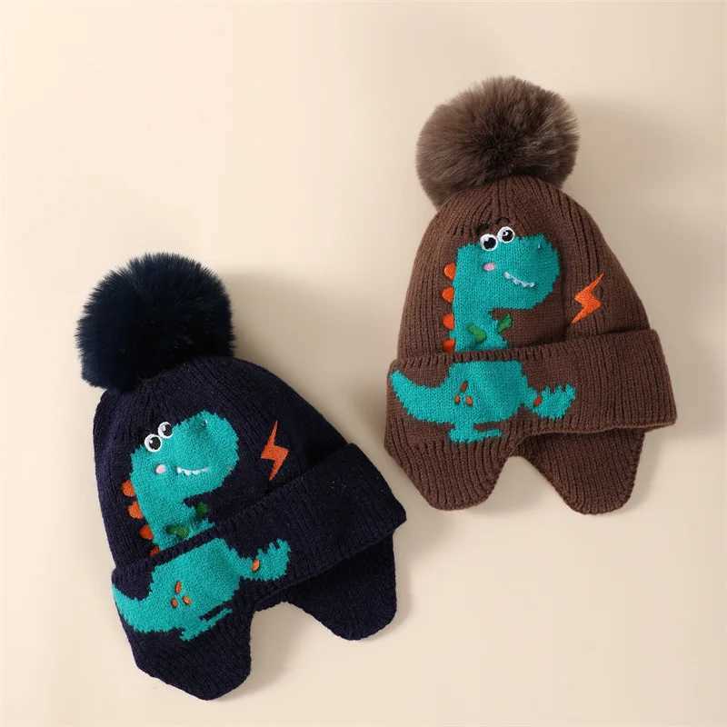 Cute Dinosaur Baby Knitted Hat Winter Warm Kids Earmuffs Cap 28year Boys Girls Woolen Crochet Bonnet Cartoon Children BeaniesL251024